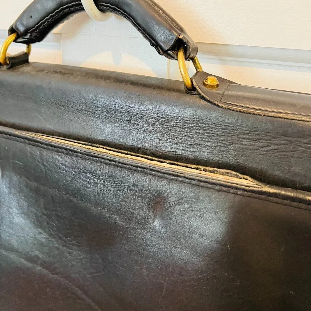 Jack Georges Leather Briefcase Messenger Bag Black Unisex Vintage Leather Gold